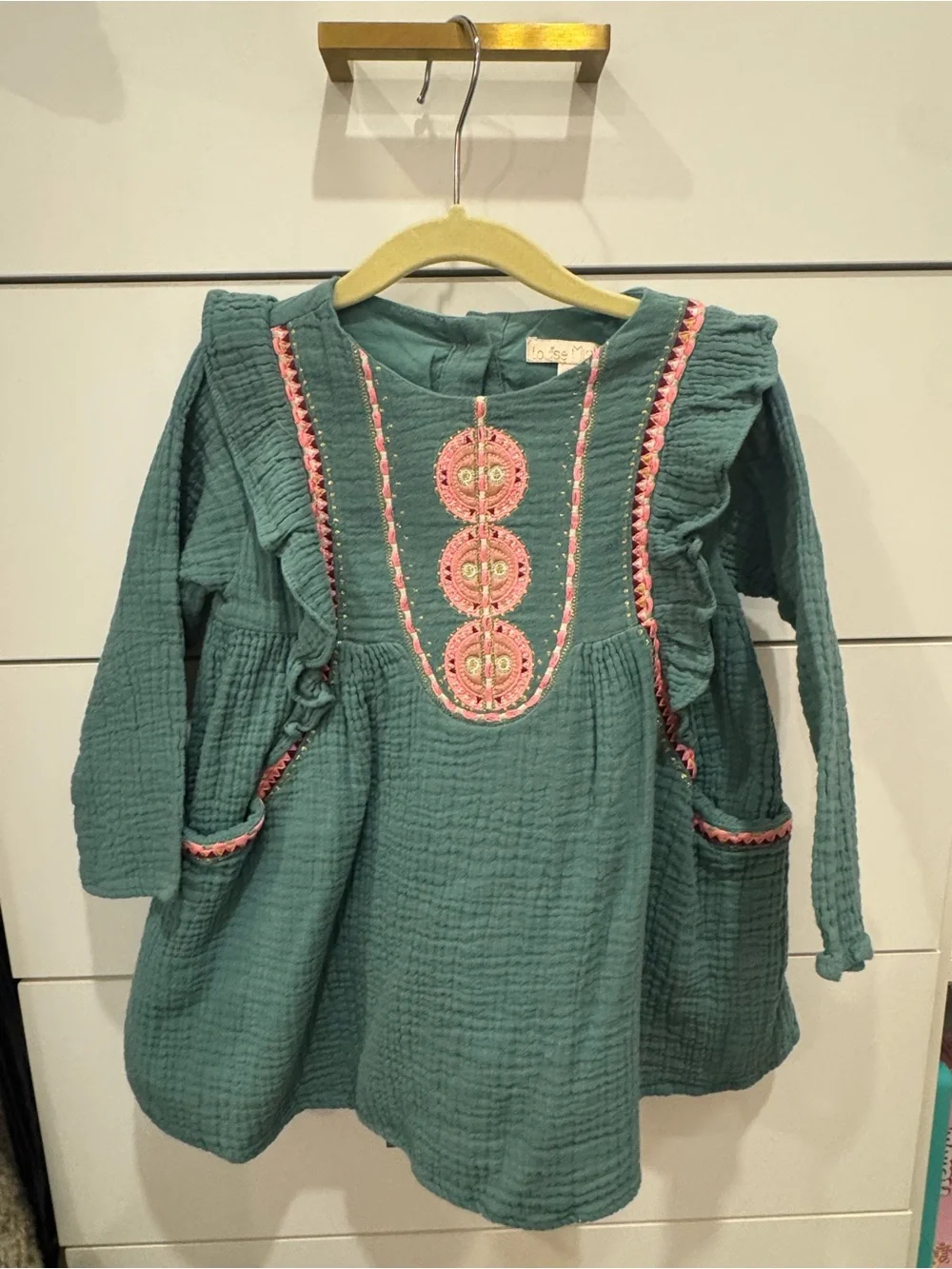 Girls Teal Green Embroidered Ruffle Pocket Dress